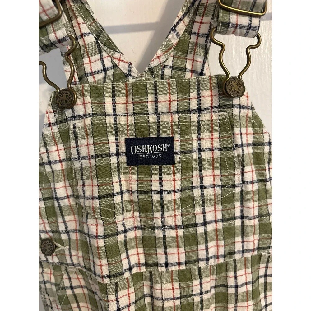 OshKosh Green Plaid Short Overalls Size 6/9 M 100% cotton